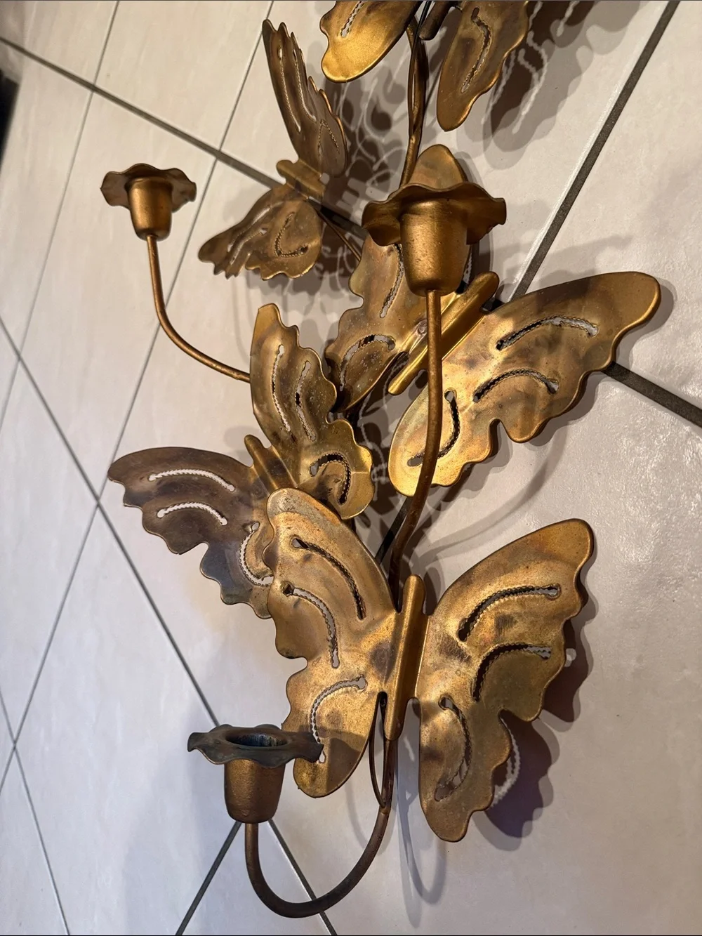 Vintage Brass Tone Butterfly Candle Holder Wall Sconce Metal Art MCM